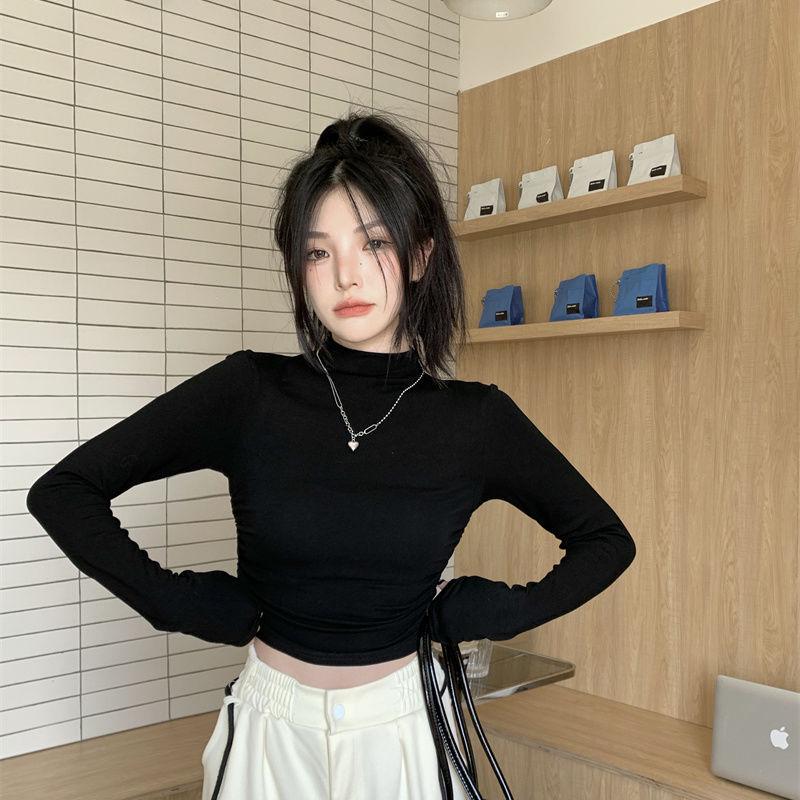 Women's Spicy Girl Ruched Semi-High Neck Slim Fit Long Sleeve Top