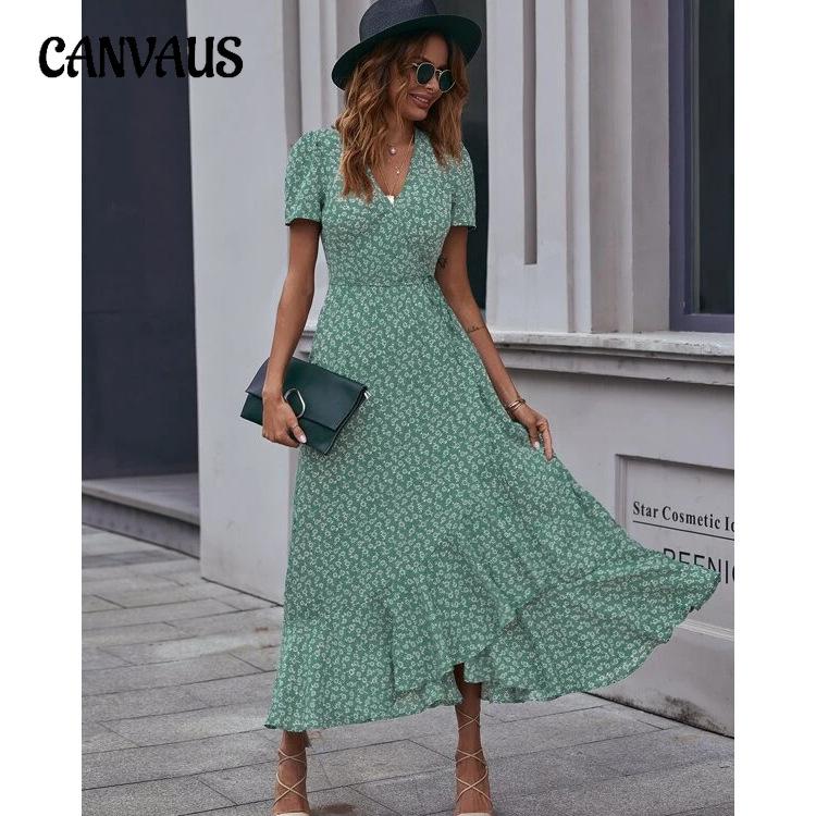 Summer Woman's Dress Small Floral V-neck Cardigan Straps Short Sleeve Bohemian Big Swing Vacation Dress