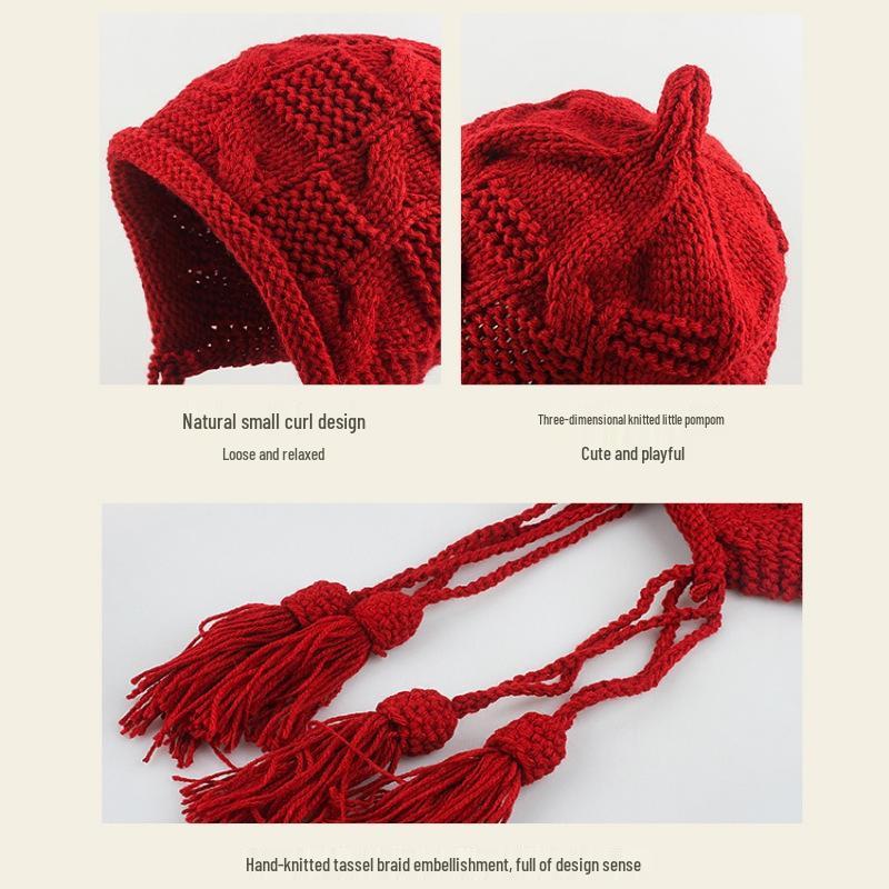 Women's Handmade Red Wool Tassel Hat - Warm Ear Protection for Autumn & Winter, Korean Fashion