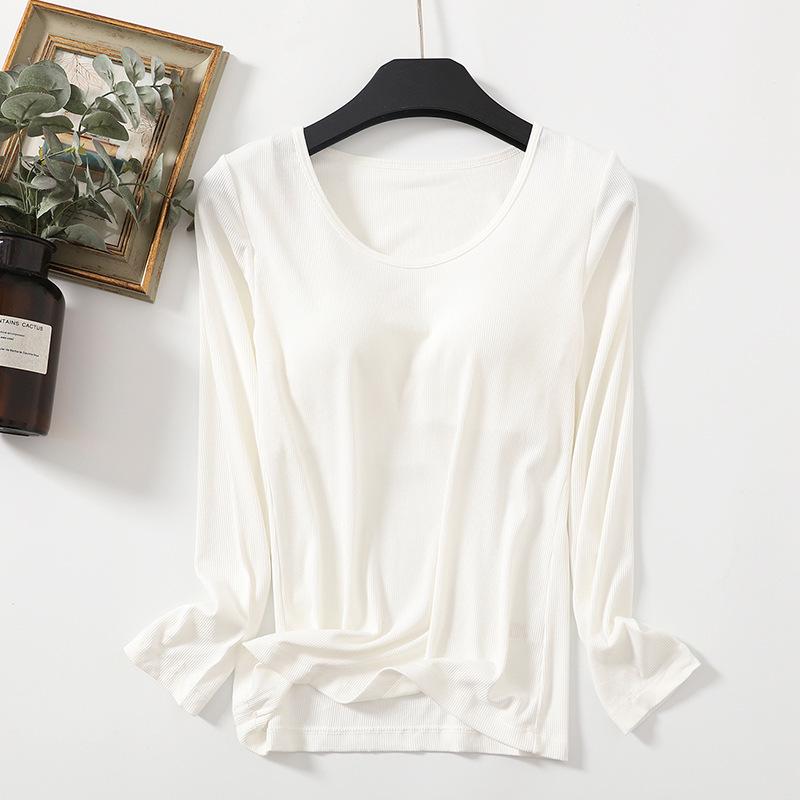 Versatile Autumn Modal Base Layer Shirt with Chest Pads, Slimming Long-Sleeve Round Neck, Wear Alone or as Inner Layer.