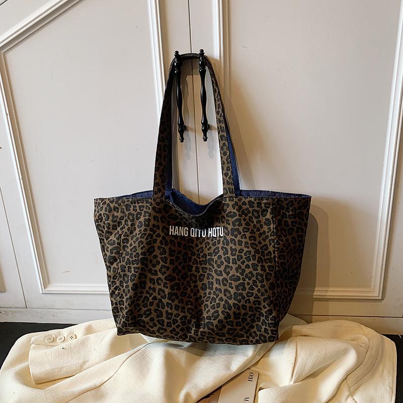 Korean Double-sided Leopard Print Canvas Bag Women's New Denim Casual Lazy Style Shoulder Bag Large-capacity Commuter Tote Bag