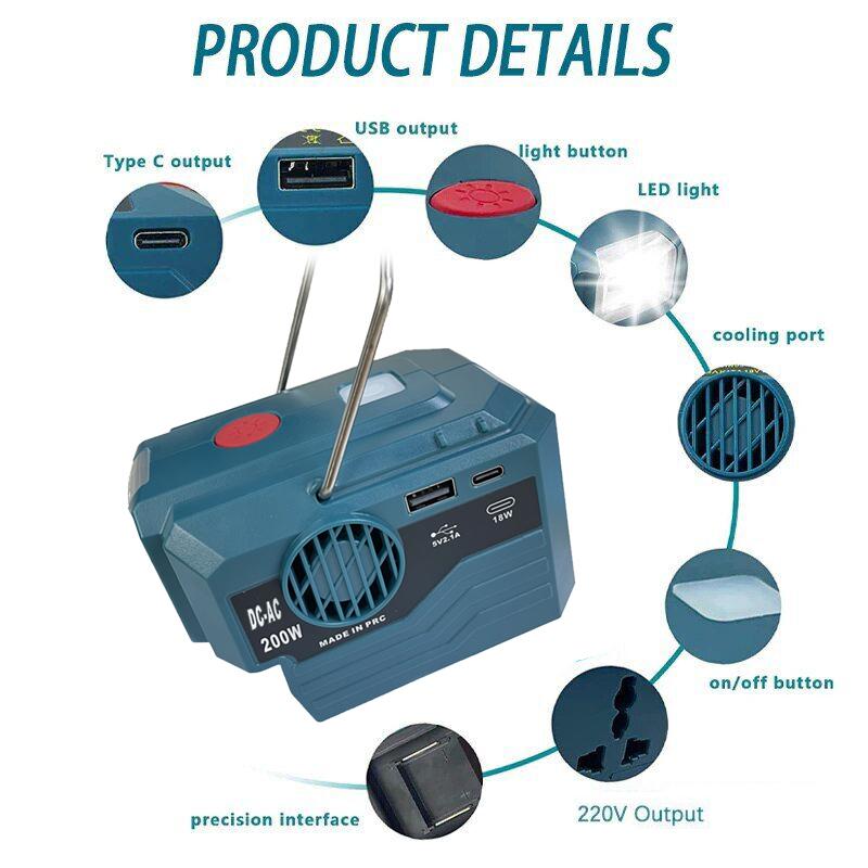 200W Power Inverter For Makita/Dewalt/Milwaukee/Bosch 18V To AC 120/220V Battery Inverter with USB And Type-C ,LED Light