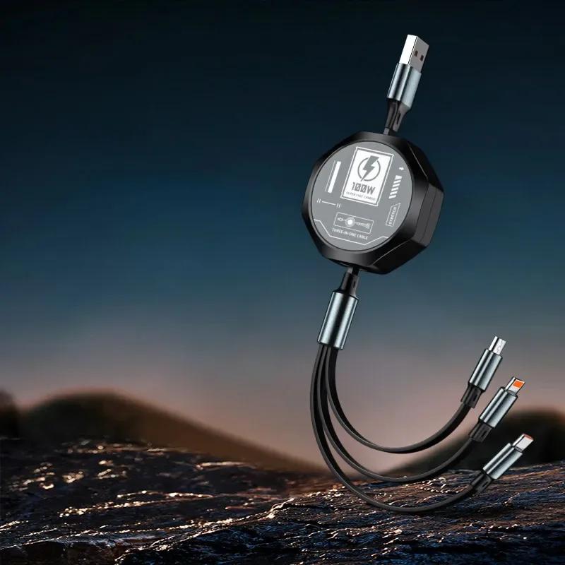 

100 Вт 3 в 1 выдвижной USB-кабель для быстрой зарядки и передачи данных Micro Usb Type C для iPhone Android-кабель чёрный