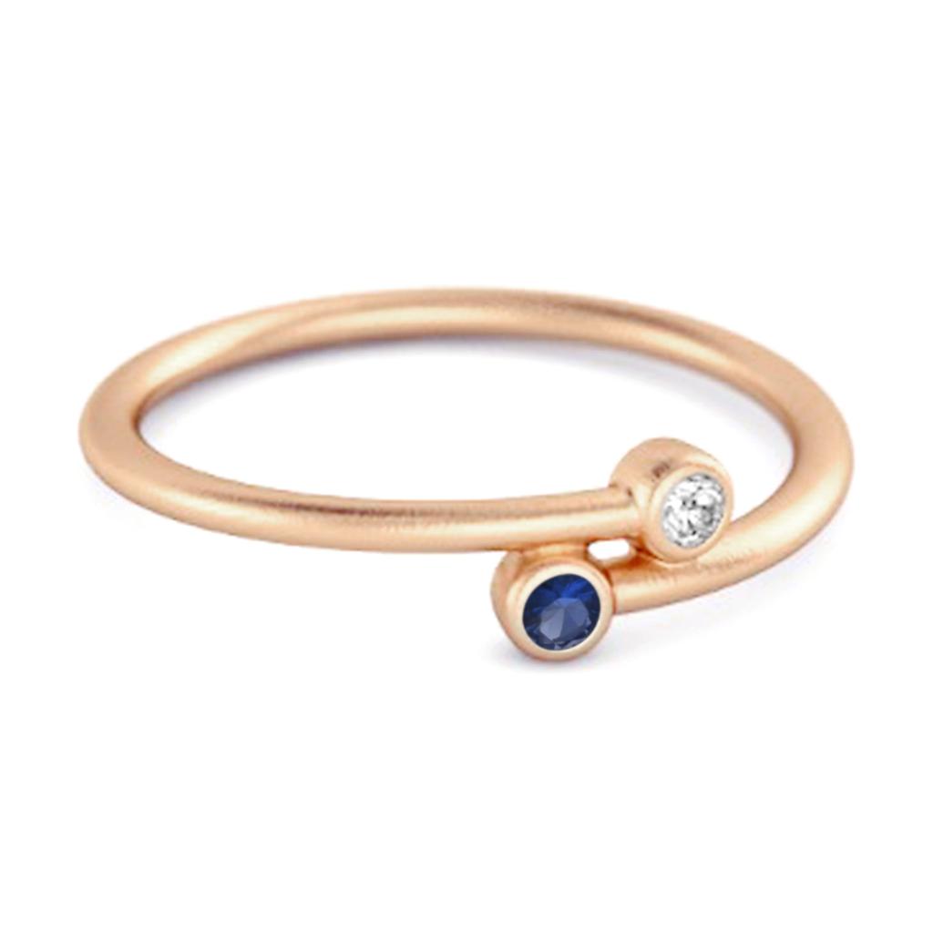 Blauer Saphir Offene Fassung Zwei- 925 Steinring - 925 Sterlingsilber Roségold Vermeil