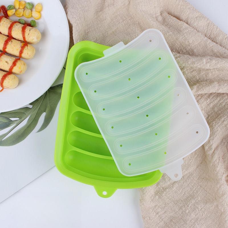 Sausage Maker Mould 6 Cavity Silicone DIY Ham Hot Dog Making Moulds with Lid Kitchen Household Sausages Cake Baking Tools Molds Sausage Maker