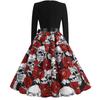 In-Stock 2021 Halloween Skull Print V-Neck Flared Dress with Ribbon