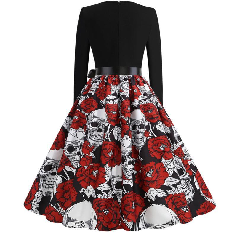 In-Stock 2021 Halloween Skull Print V-Neck Flared Dress with Ribbon