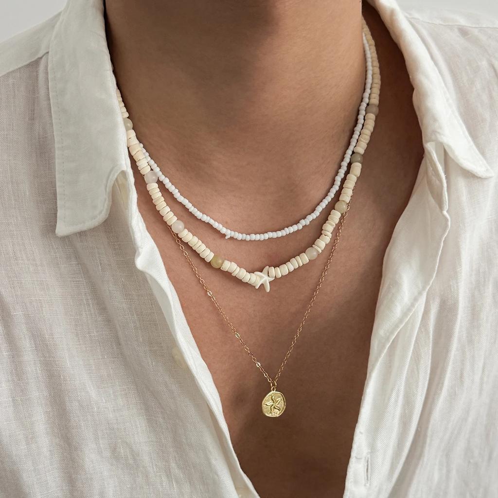 New 1Pcs/Set Vintage Coconut Husk Rice Beads Choker Necklace for Men Punk Gold Color Rounds Metal Pendant Chain Jewelry New
