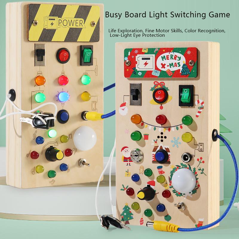 Wooden Interactive Learning Toy with LED Light Busy Board Button Switch Early Education Intelligen Play for Kids