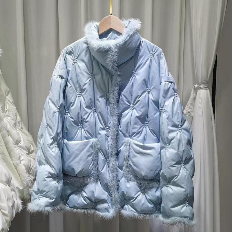 Women Autumn Winter White Duck Down Jacket Coat Padded Short Stand Fur Collar Single-breasted Pocket Loose Warm Solid Color
