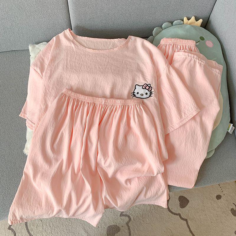 Women's Three-Piece Cotton Pajama Set - Summer, Round Neck, Cute & Comfy Short Sleeve for Home Wear