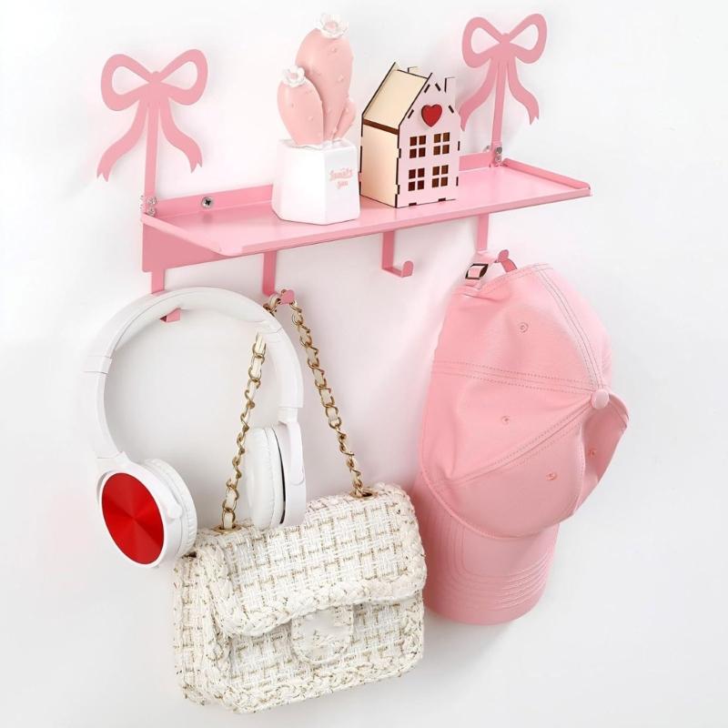 Pink Bowknot Key Holder Wall Mounted Organizers For Keys Bags Towels With Sturdy Iron Construction