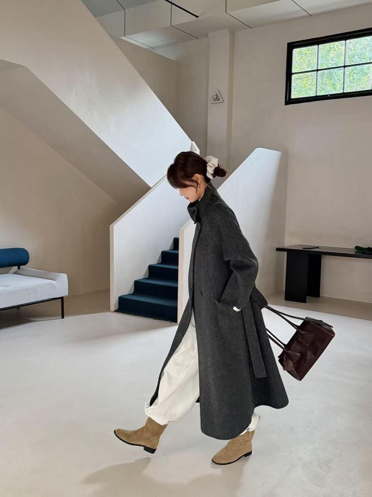 Stand Collar Belted Elegant Double-Sided Wool Coat - Women's Autumn/Winter 2025 Collection