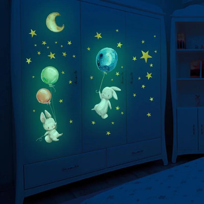 Luminous Rabbit Balloon Stars Wall Sticker For Kids Baby Room Home Decor Wallpaper Girls Bedroom Glow In The Dark Bunny Sticker