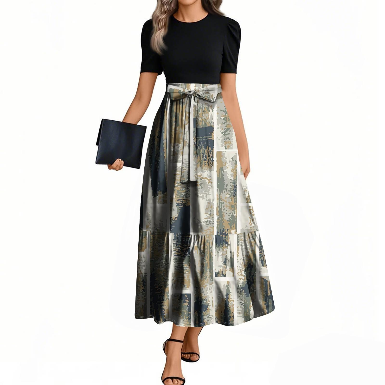 

Женские модные повседневные платья с поясом, коротким рукавом, круглым вырезом, геометрическим узором, элегантные платья с темпераментом XL