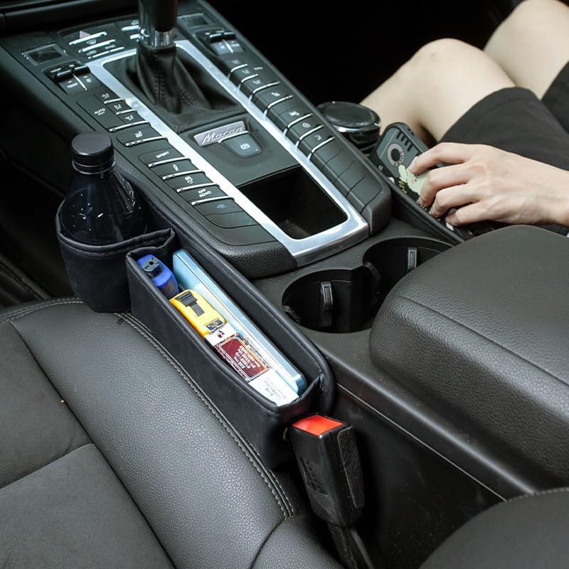 YUN YUE Set of 2 Universal Car Seat Side Leather Storage Boxes for Driver and Passenger with Drink and Cup Large Capacity PU Leather Storage for
