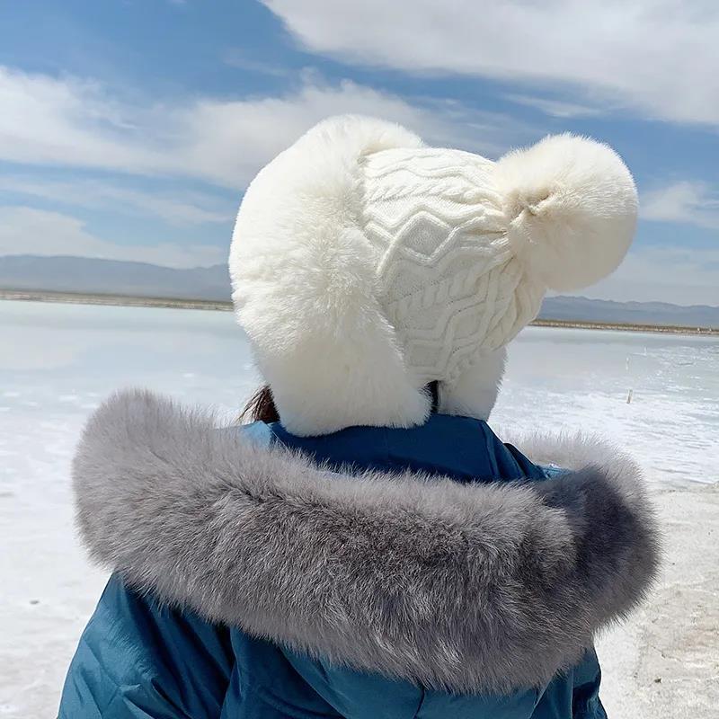 Winter Imitation Rabbit Fur Hat Women's Knitted Plush Wool Beanie Sweet and Cute Ear Protection Warm Hat