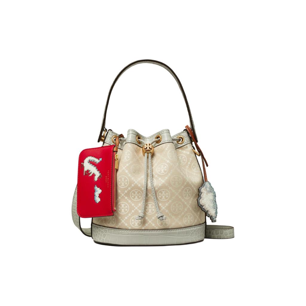 Tory Burch T Monogram Year Of The Dragon Capsule Collection Removable Decorative Pendant Drawstring Closure Fabric And Leather Bucket Bag 159232-020
