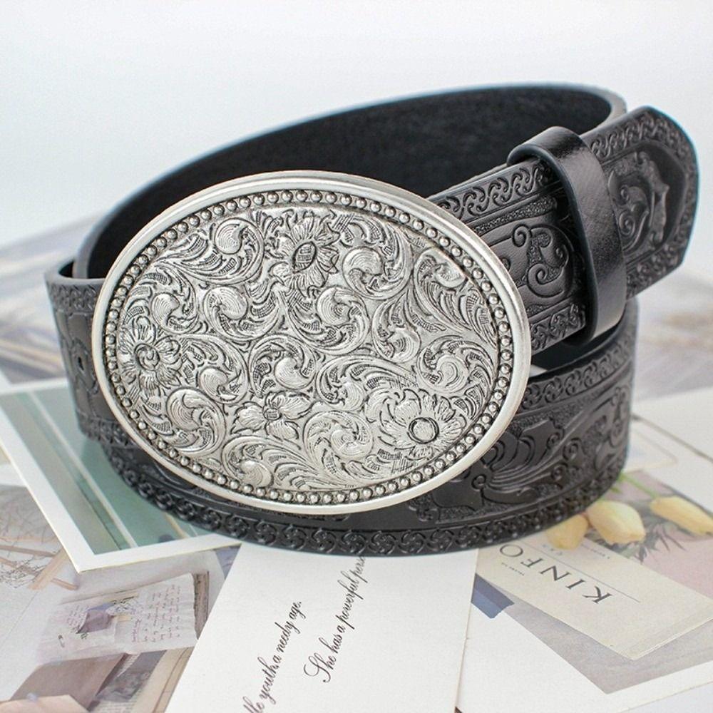 PU Leather Western Cowboy Belt Vintage Waist Belt Fashion Buckle Belt  Men Women