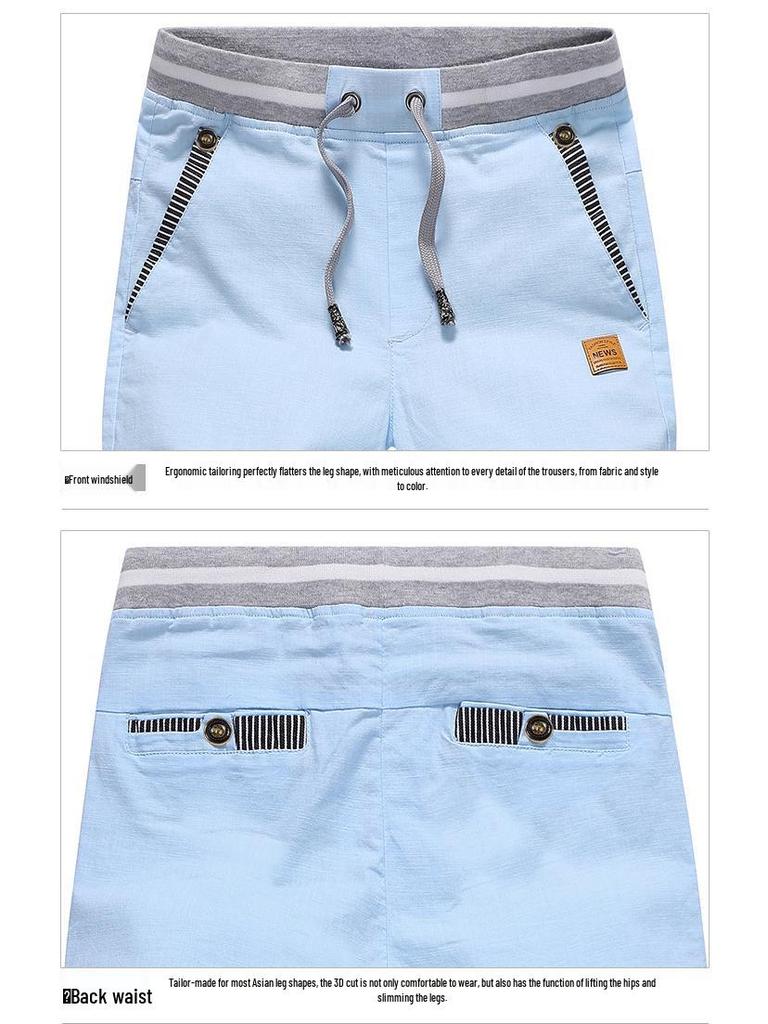 Men's Mid-Length Summer Cotton Linen Elastic Waist Beach Shorts