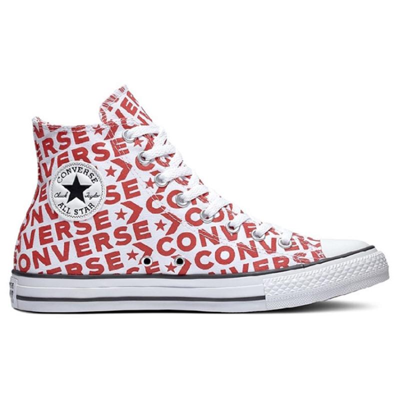 Converse Chuck Taylor All Star Full Print LOGO Casual High-Top Canvas Shoes Unisex Style White and Red