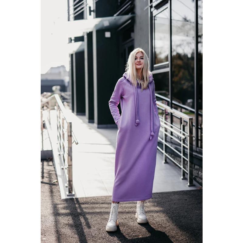Autumn and Winter New Loose Large Knitted Hooded Long Dress with Velvet Hoodie, Casual Fashion Dress, Splicing Warm Skirt