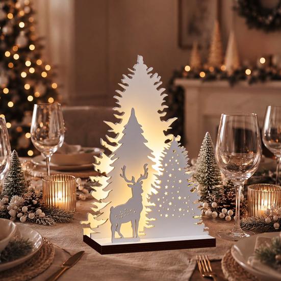 Wooden Christmas Decorations Vintage Tree, LED Lighted Tabletop Centerpiece Decorations, Eco Friendly Ornaments Winter Reindeer Xmas Desktop