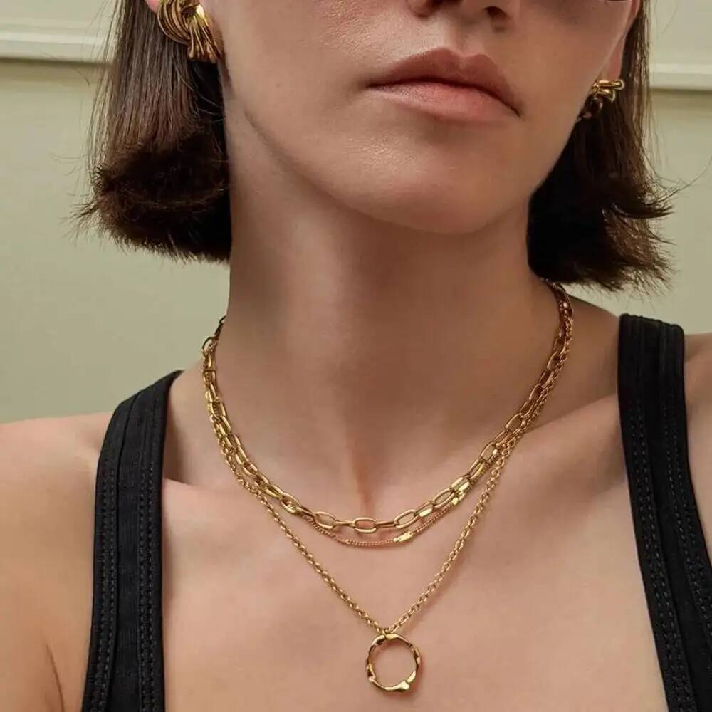SHIXIN Vintage Simple 18K Gold Plated Stainless Steel Chain Round Pendant Necklace Women Fashion Multilayer Choker Neck Jewelry
