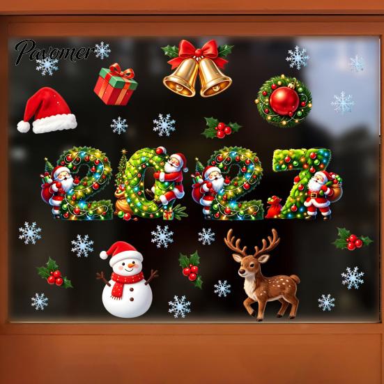 Snowman Window Stickers 2027 Merry Christmas Cling, Santa Reindeer Glass Door Sticker, Seasonal Clings Static Decal for Living Room Bedroom