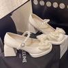 French Mary Jane High Heels Women's Pearl Bow Thick Heel Small Leather Shoes 2025 Autumn New with Skirt Single Shoes