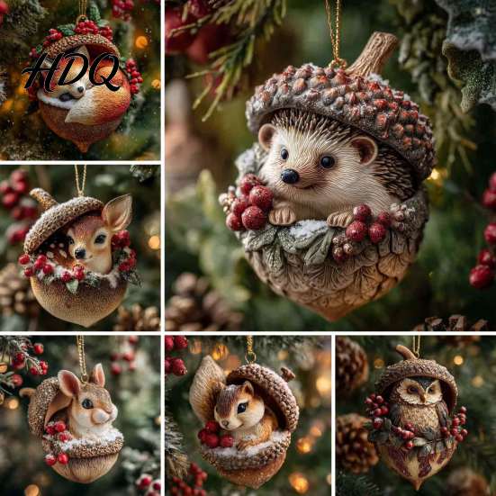 Detailed Woodland Animal Ornaments Pine Cone Christmas Ornaments 2D Flat Acrylic Forest Xmas Tree Pendant Retro Style Pendants Cute Hedgehog