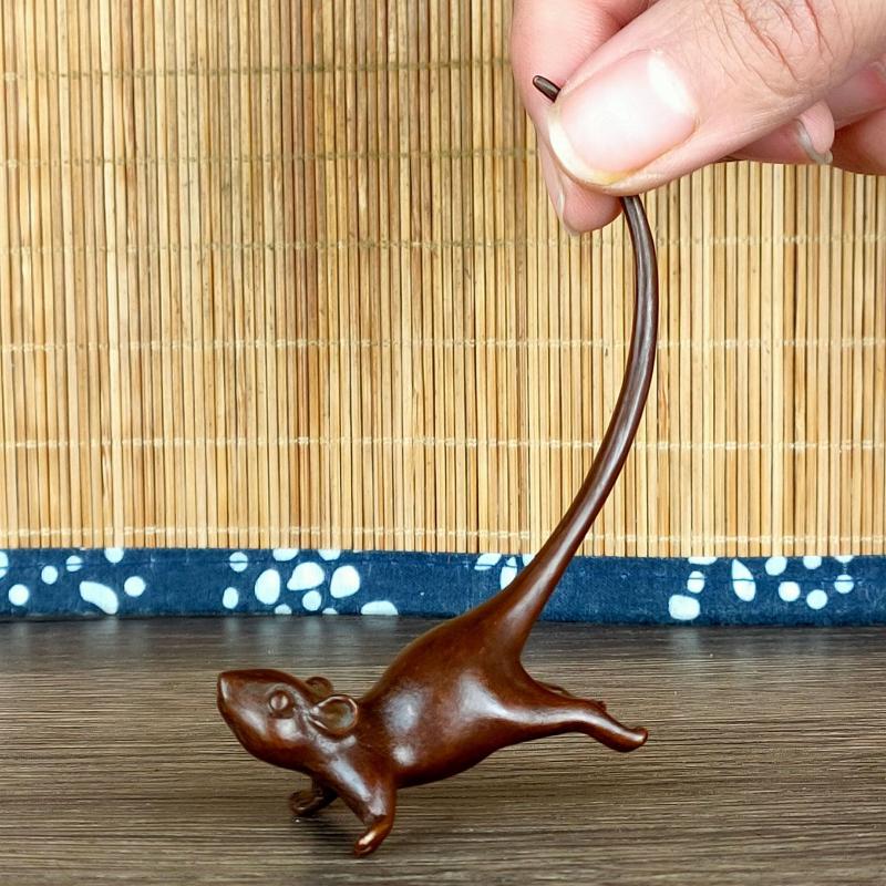 Miniatura de Rato de Cauda Longa Estilo Chinês Pet de Chá Vintage Ornamento de Rato de Cobre Puro Acessórios de Decoração para Casa