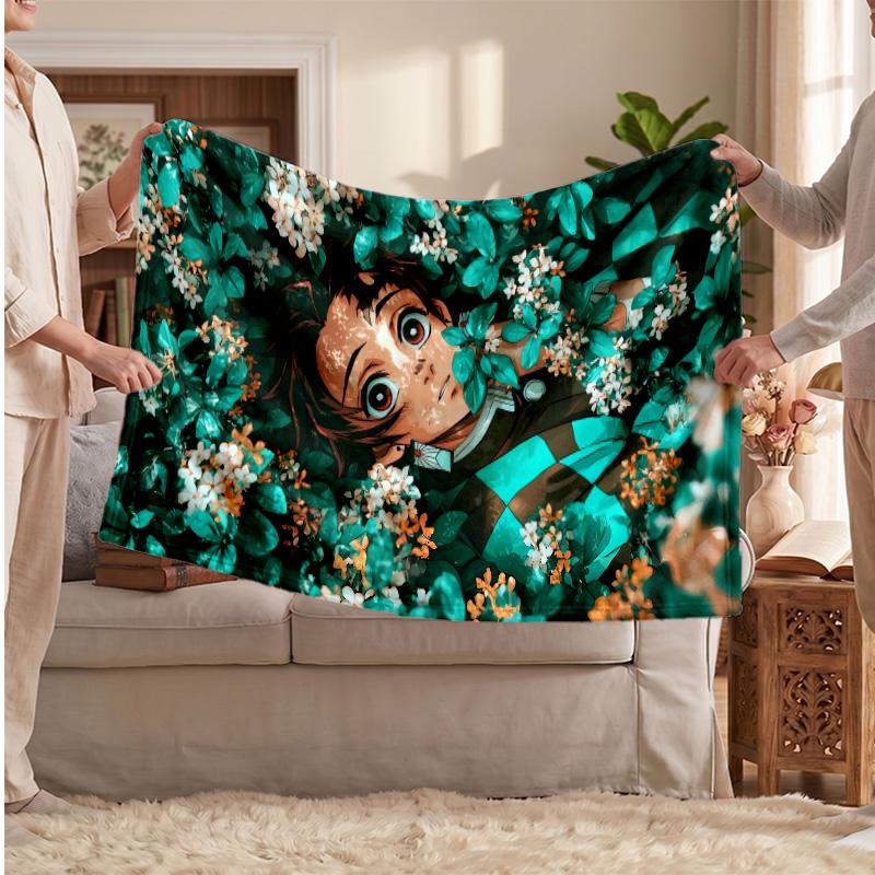 Kamado Tanjiro Printed Flannel Blanket, Skin Friendly Warm Throw for Indoor Couch Bed Daily Use