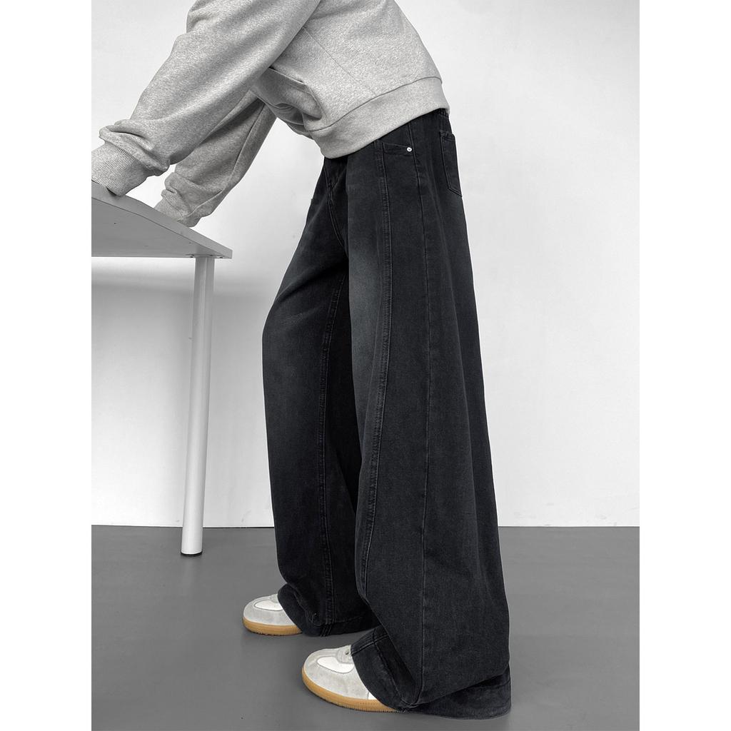 Men's Washed Patchwork Curved Jeans Spring Fall Loose Wide Leg Pants Streetwear Hip Hop Baggy Denim Trousers
