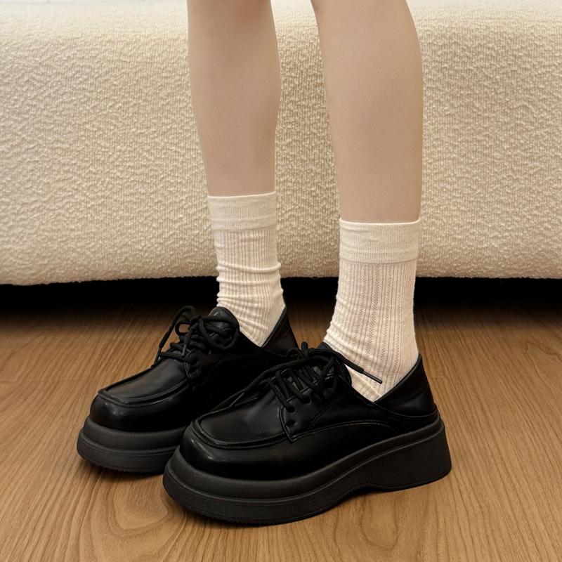 2026 New Spring Women Chunky Loafers Shoes Concise Round Toe Lace Up Shoes Female British Style Dress Leather Single Shoes