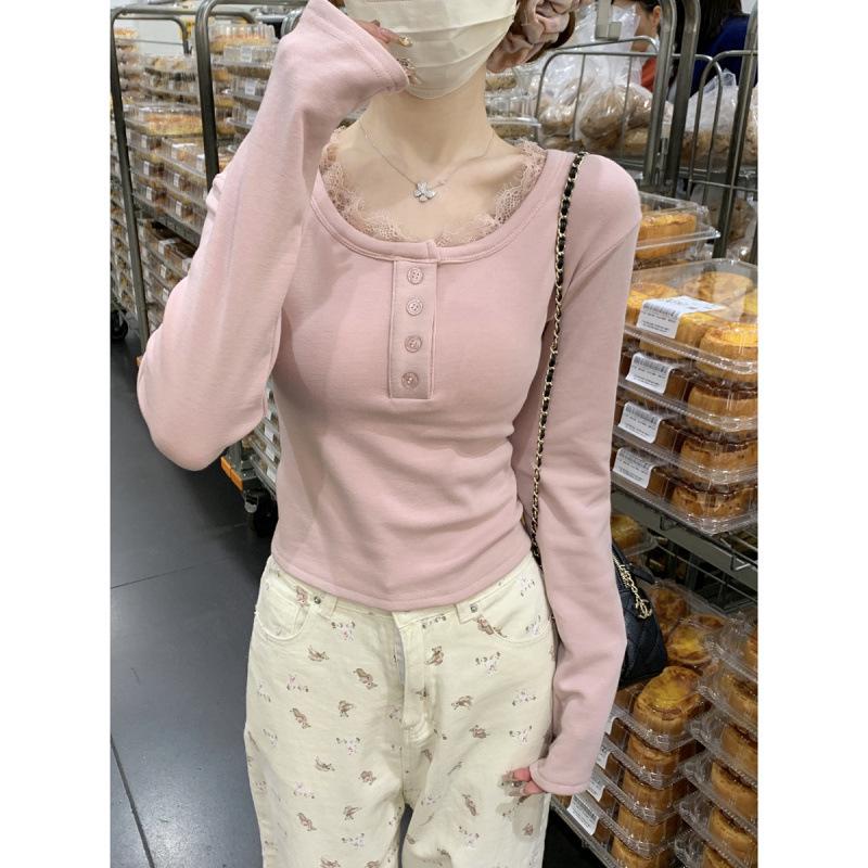 Korean Autumn Slim-Fit Square Neck Lace Trim Long-Sleeved Cashmere T-Shirt for Women
