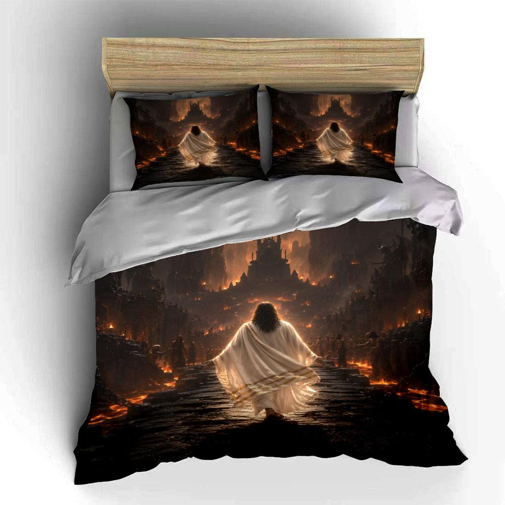Figure facing flaming castle. Bedding sets Duvet cover sets Duvet covers Pillowcases(1*Duvet Cover 2*Pillowcases without duvet insert)