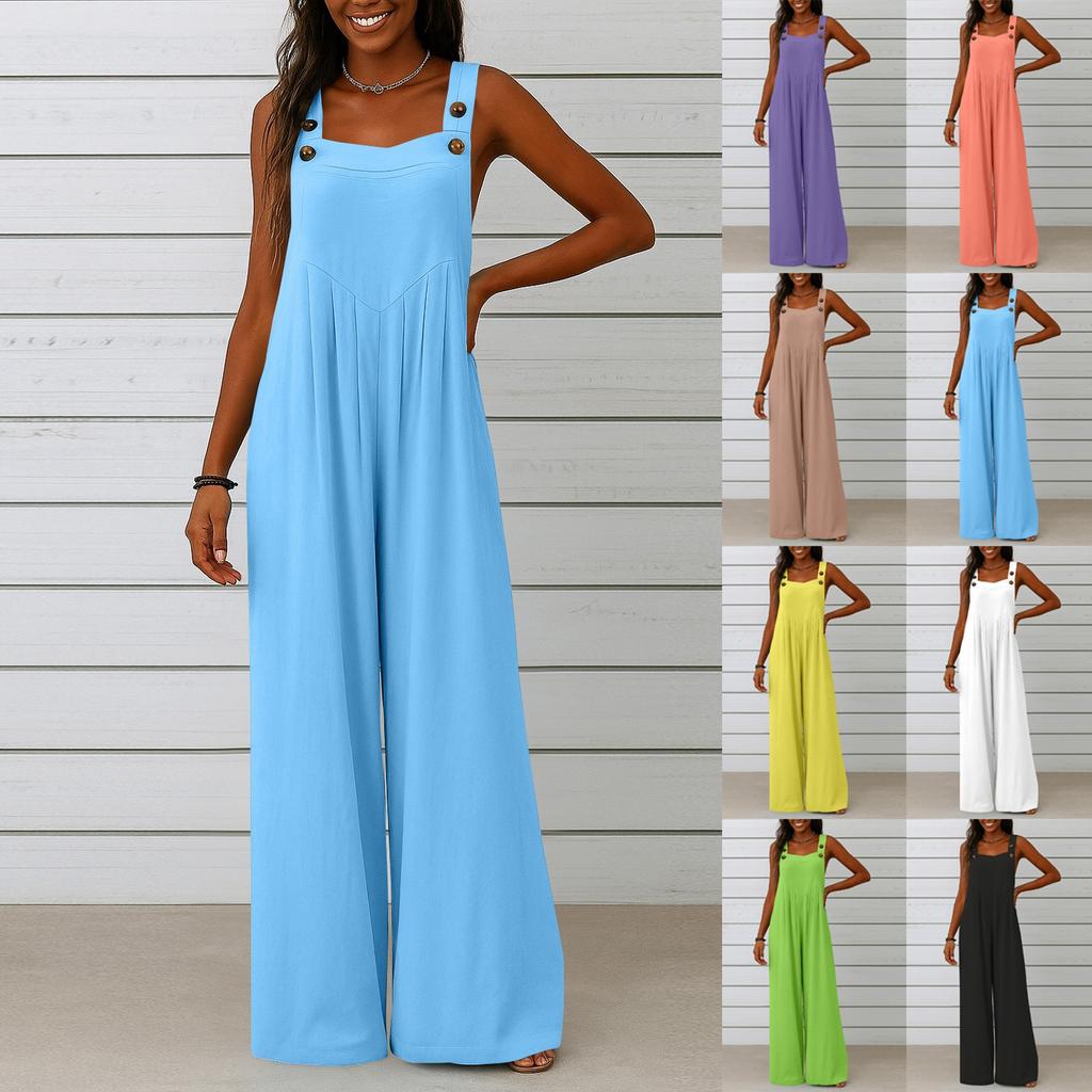 Women's Fashionable Solid Color Wide Leg Overalls Sleeveless Vest Pocket Casual Jumpsuit