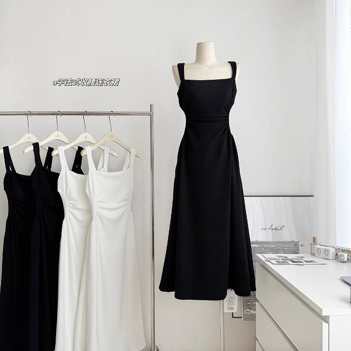 

French temperament Hepburn style waist suspender dress women s summer new thin a word long dress 2XL