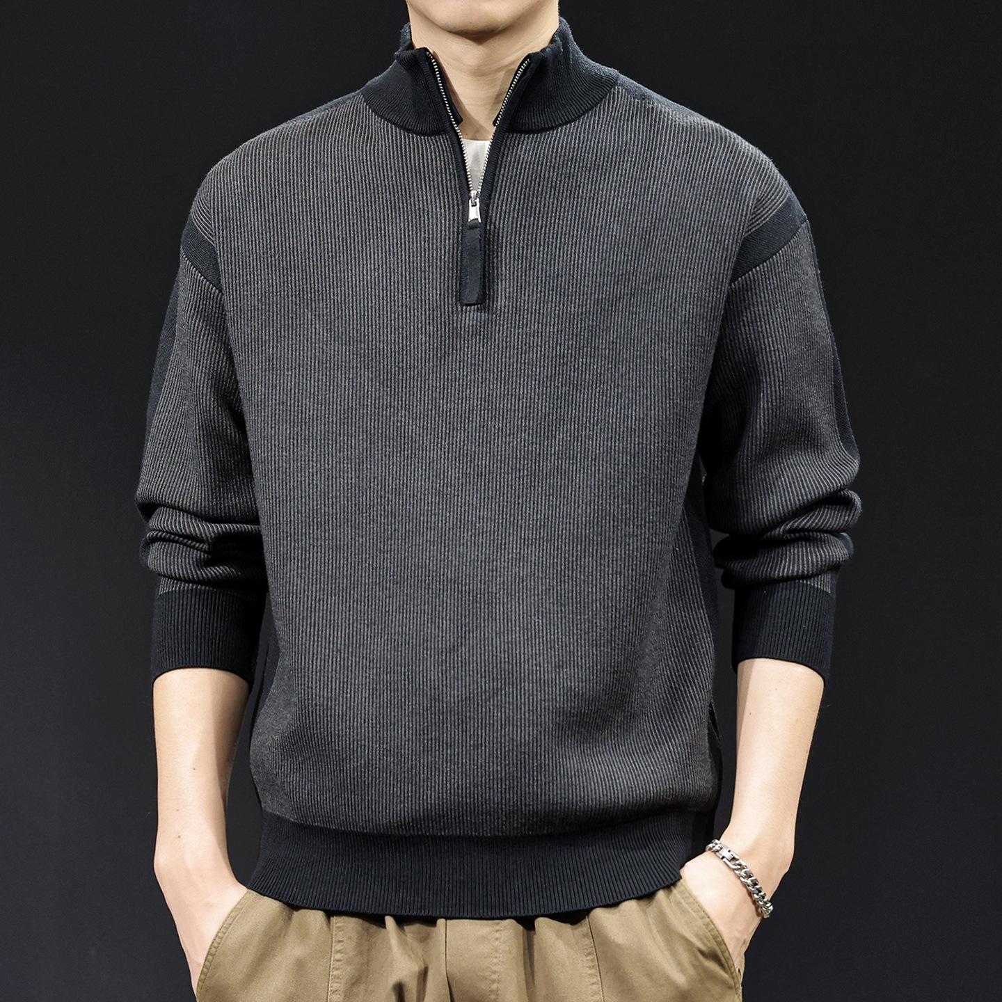 

Men s Color Block Knit Sweater with Zipper, Half-High Collar - Plus Size, Warm for Autumn/Winter 2025 XL for 70-80 kg чорний