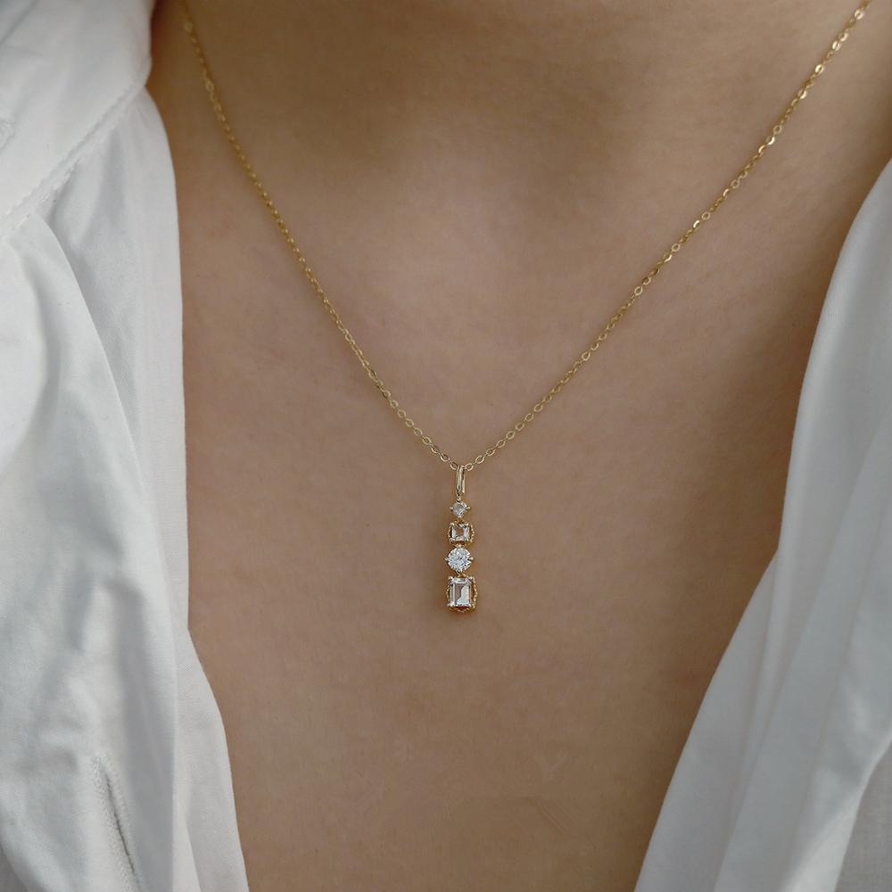 

925 Sterling Silver Japanese Square Bar Crystal Pendant 14k Gold Plating Necklace Women Light Luxury Temperament Wedding Jewelry Gold 45CM