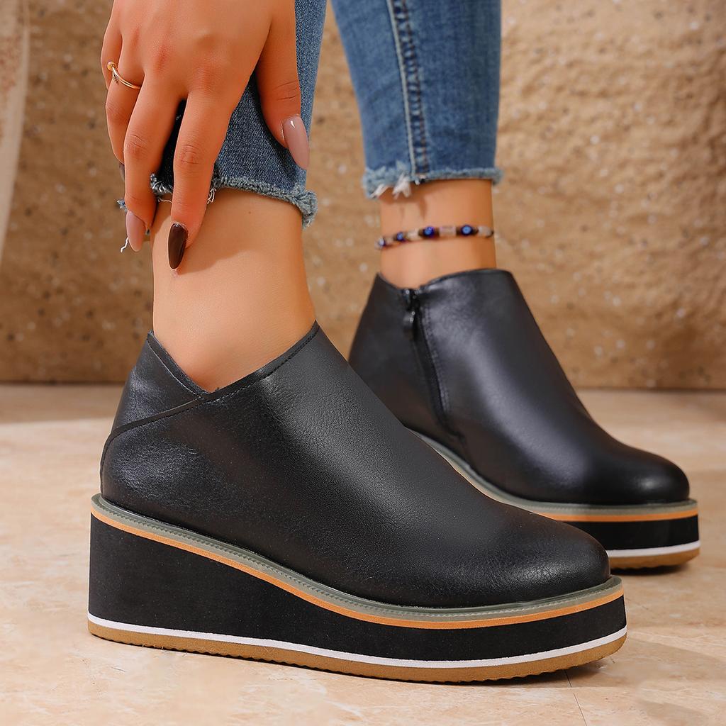 Wedges Women's Boots Retro Female Ankle Boots Trend Round Toe Platform Booties Comfortable Zipper Leather Shoes for Women Heeled
