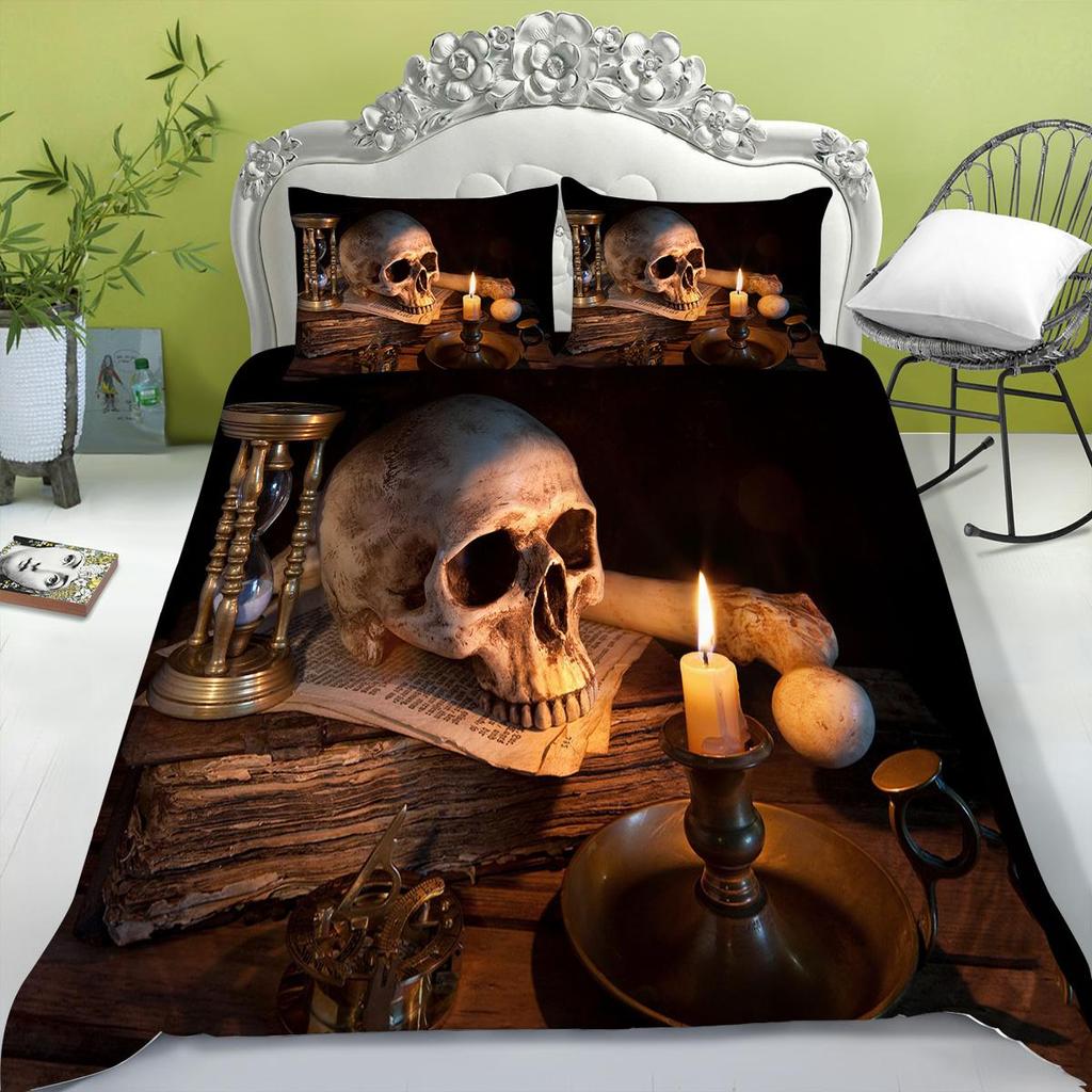 Bedding Set New Bed Cover 3D Skull Head Scary Print Family Bedroom Full Size Quilt Cover and Pillowcase Microfiber