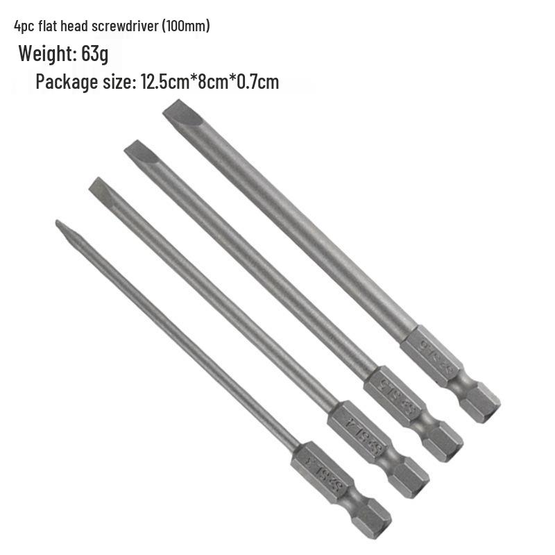4-Piece 100mm S2 Steel Straight Screwdriver Bits: SL3, SL4, SL5, SL6