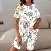 Women Plus Size Round Neck Short Sleeve White Floral Printed Two Piece Shorts Set