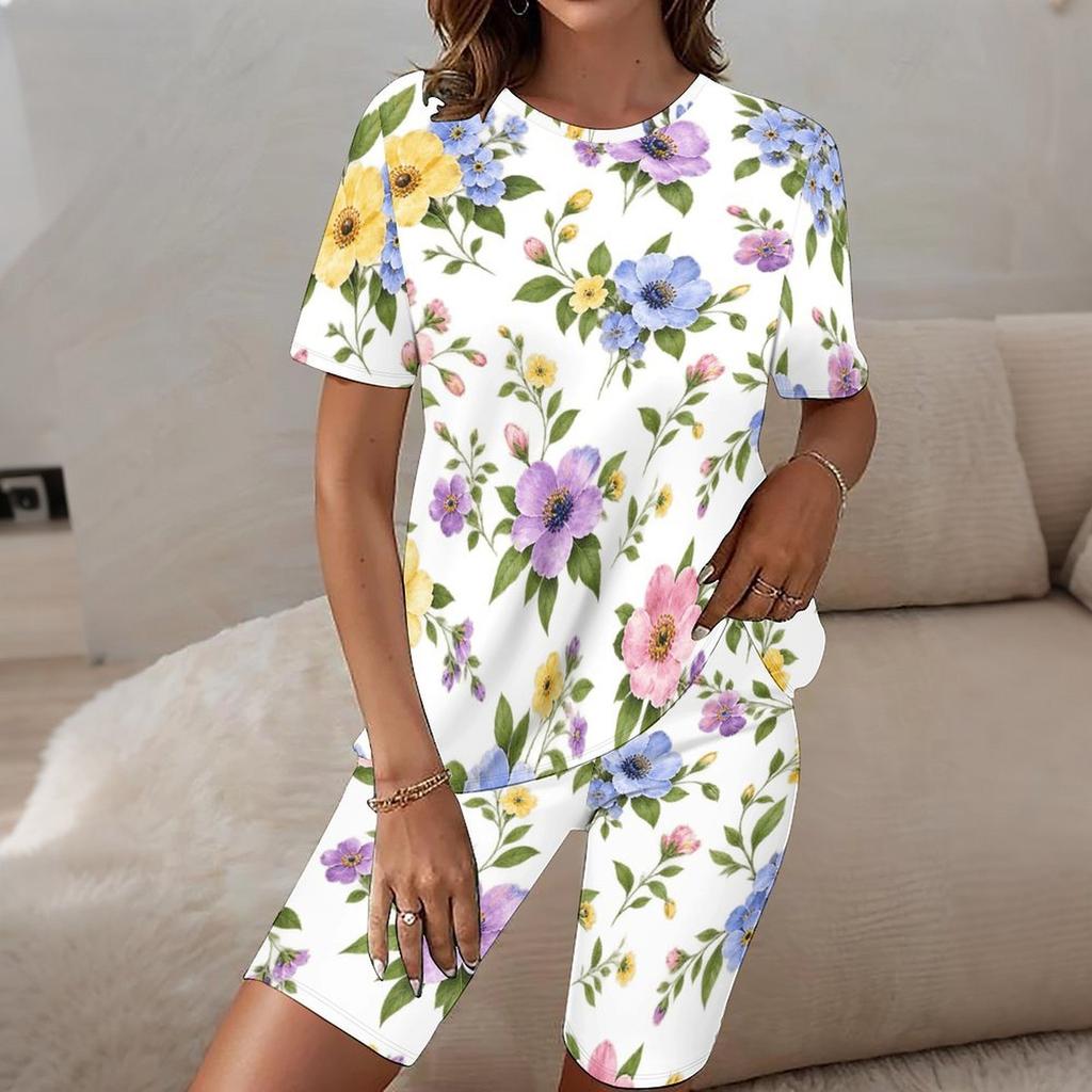 Women Plus Size Round Neck Short Sleeve White Floral Printed Two Piece Shorts Set