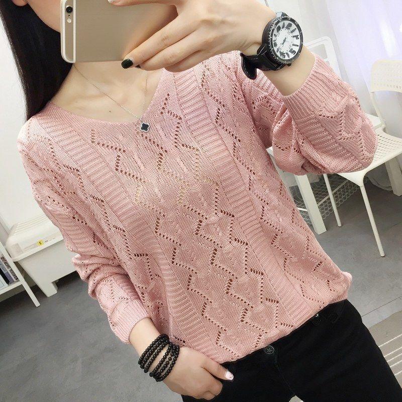 Top de Punto de Cuello Redondo Talla Grande para Mujer Otoño e Invierno Suéter Holgado Calado Capa Base Estilo Coreano Prenda Superior de Otoño