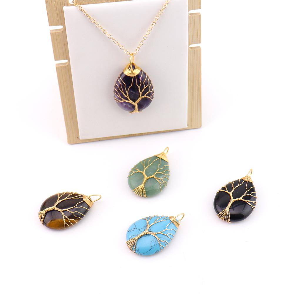 Natural Crystal Water Drop Leaf & Tree of Life Pendant Necklace for Women, Alloy Woven Jewelry Accessory N749