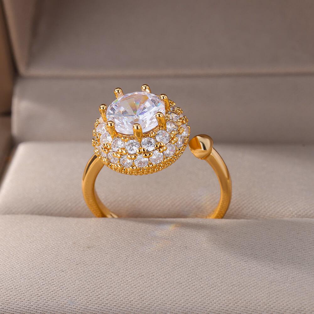 Zircon Four Leaf Clover Rings For Women Crystal Stainless Steel Double Layered Geometric Adjustable Ring Wedding Jewelry Gift