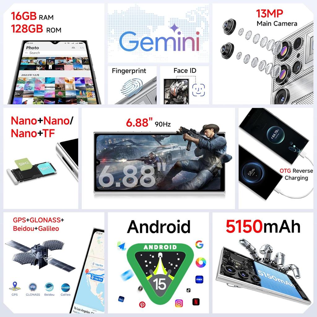 OUKITEL C61 GT Cell Phone Unlocked 2026-6.88" Display Smartphone, 16GB+128GB/TF 1TB, 5150mAh Battery Phone, 13MP Camera